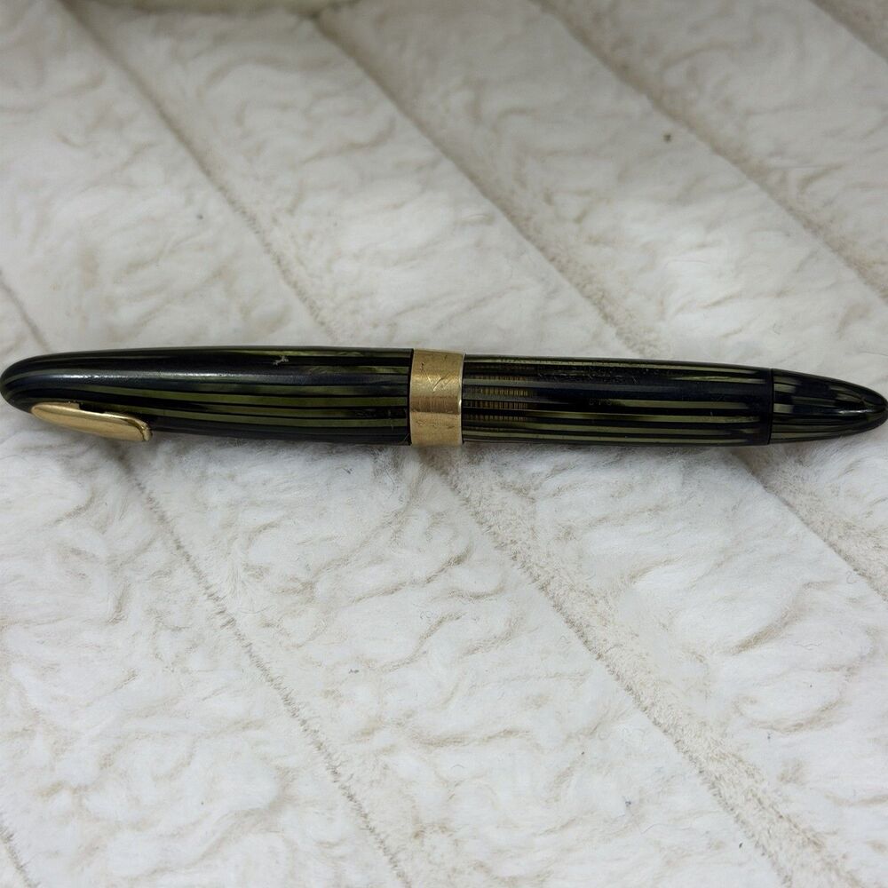 Sheaffer Green Striped Fountain Pen, 14K Gold Nib, Gold Trim